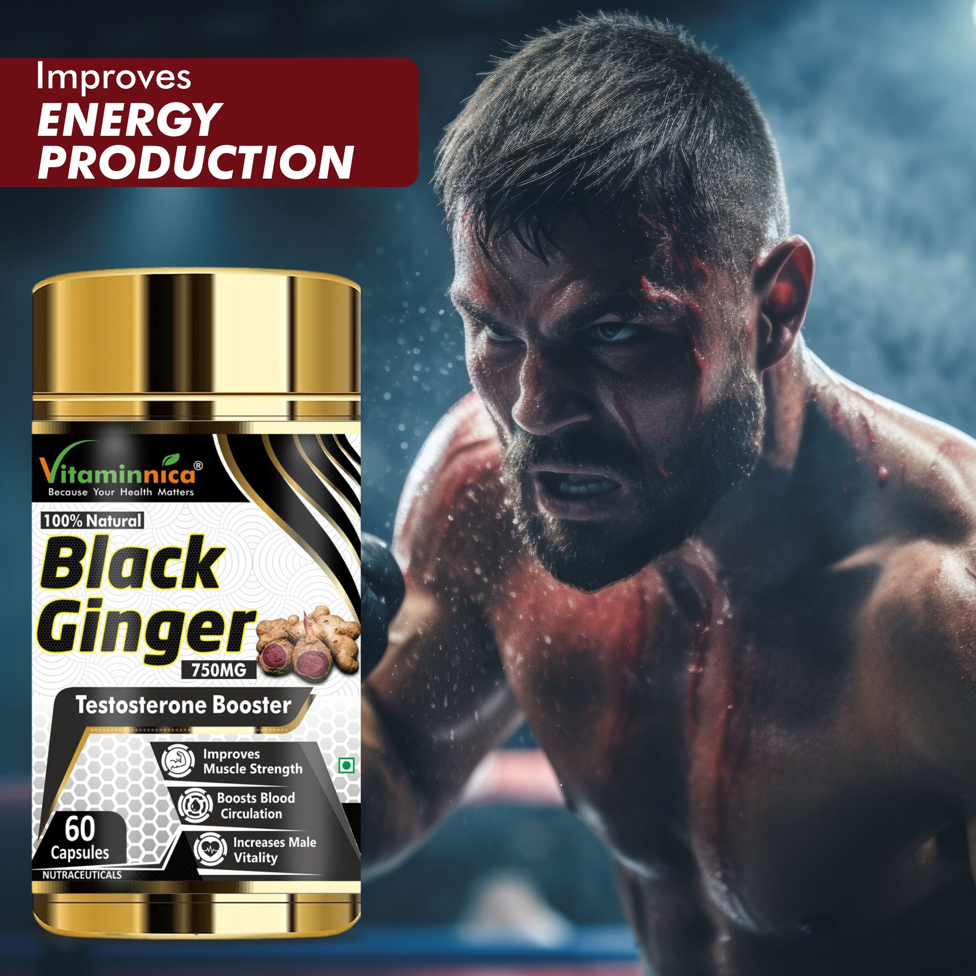 Vitaminnica Black Ginger- 60 Capsules for Men & Women | Energy Boost, Anti-Inflammatory Properties - Vitaminnica Healthcare