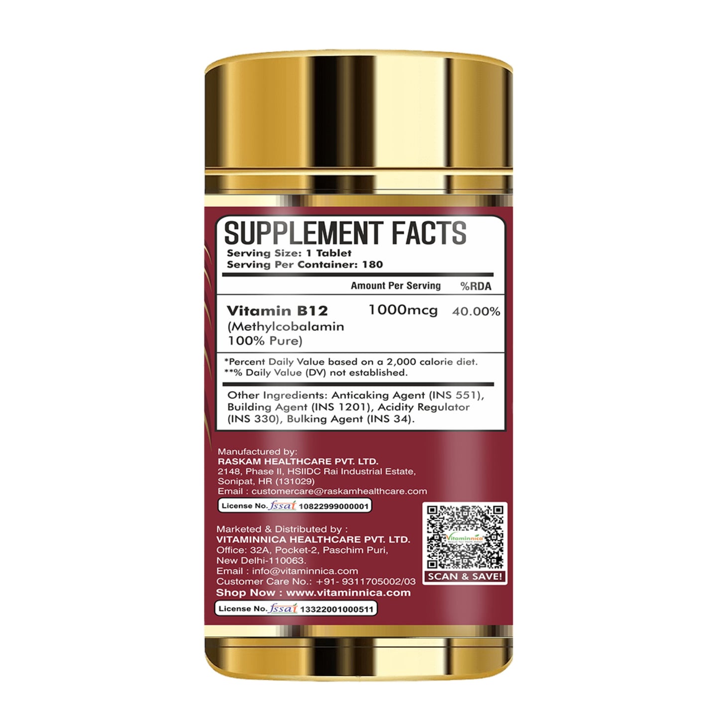 Vitaminnica Vitamin B12 180 Tablets – High Strength Supplement for Energy Production, Reduced Fatigue & Immune Support – Nervous System & Cognitive Health - Vitaminnica Healthcare