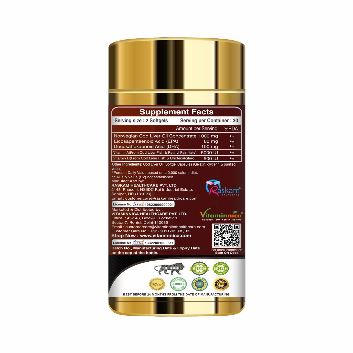 Vitaminnica Cod Liver Oil - 60 Softgels - vitaminnicahealthcare