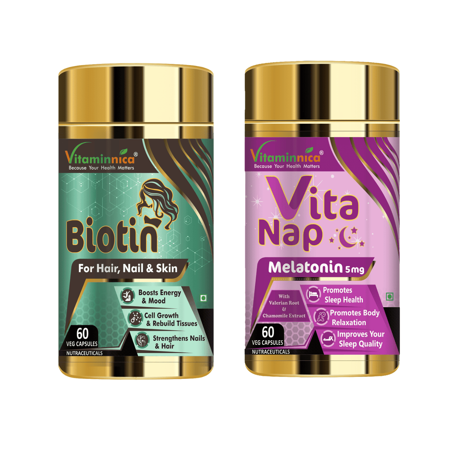 Biotin + Vita Nap (Melatonin) Combo: Sleep Support and Relaxation - 120 Capsules - vitaminnicahealthcare