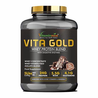 Vitaminnica Vita Gold 100% Whey Protein Powder- 5 Lbs (75 Servings) | UK Formulation with Digestive Enzymes - Vitaminnica Healthcare