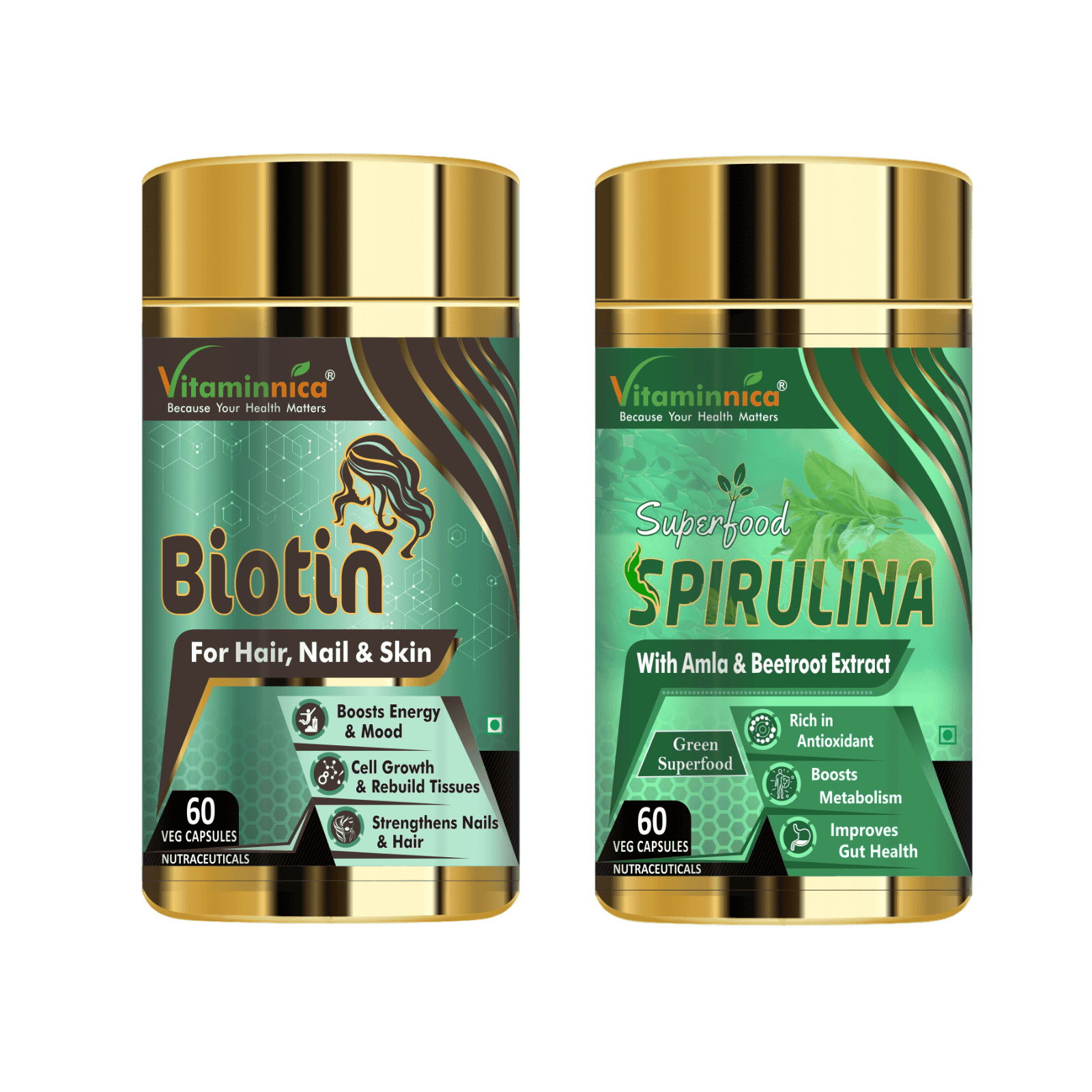 Biotin + Spirulina Combo: Nutritional Support and Energy Boost - 120 Capsules - vitaminnicahealthcare