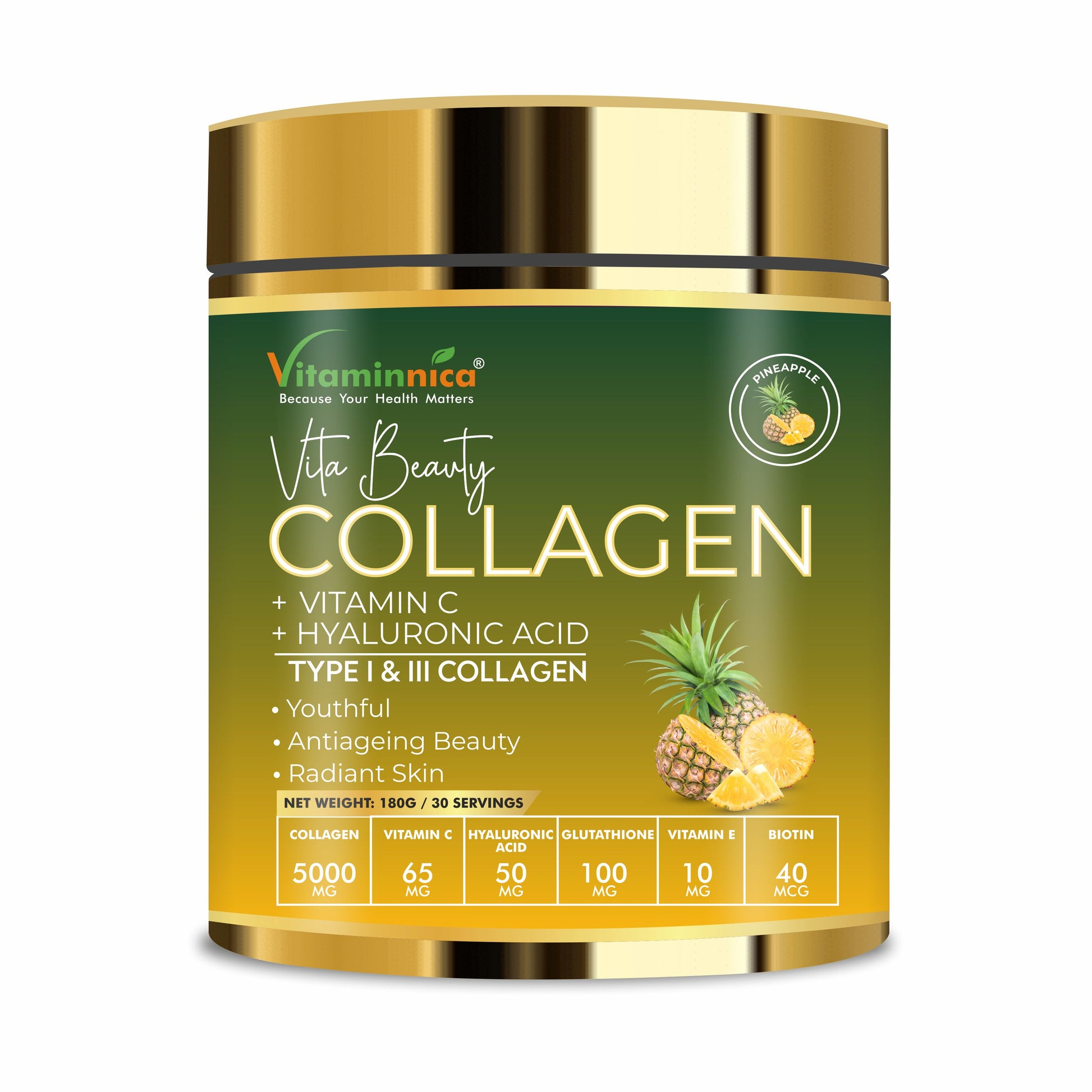 Vitaminnica Vita Beauty Collagen Powder (Type I & III) with Hyaluronic Acid, Glutathione, Vitamin C, Biotin & Vitamin E | For Glowing Skin & Anti-Aging - 30 servings - Vitaminnica Healthcare