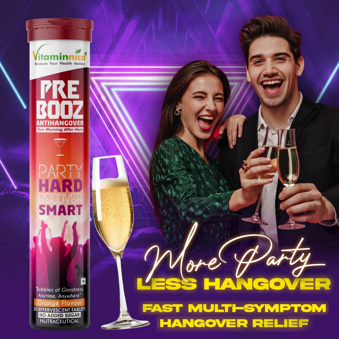 Vitaminnica Pre Booz- Hangover Relief Drink- 20 Effervescent Tablets– Pre & Post Party Recovery Supplement | With Vitamins, Minerals & Antioxidants | Helps Hydration, Liver Support, Energy & Detox - Vitaminnica Healthcare