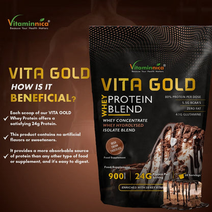 Vitaminnica Vita Gold Whey Protein Blend- Irish Cholocate Flavour | Whey Concentrate, Hydrolysed, Isolate Blend | 900gms - 30 Servings - Vitaminnica Healthcare