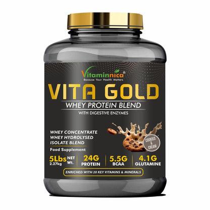 Vitaminnica Vita Gold 100% Whey Protein Powder- 5 Lbs (75 Servings) | UK Formulation with Digestive Enzymes - Vitaminnica Healthcare