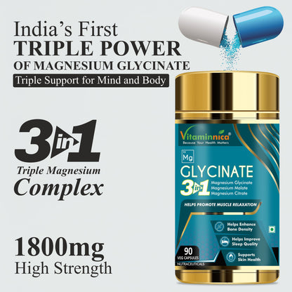 Vitaminnica Magnesium Glycinate 3in1- 90 Capsules |  Glycinate, Citrate & Malate- Triple High Absorption Vegan Supplement | Supports Muscle Relaxation and Stress - Vitaminnica Healthcare