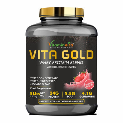 Vitaminnica Vita Gold 100% Whey Protein Powder- 5 Lbs (75 Servings) | UK Formulation with Digestive Enzymes - Vitaminnica Healthcare