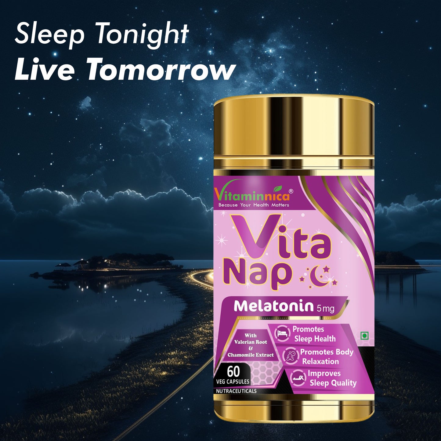 Vitaminnica Vita Nap- Melatonin 5mg Natural Sleep Support & Stress Relief | 60 Capsules