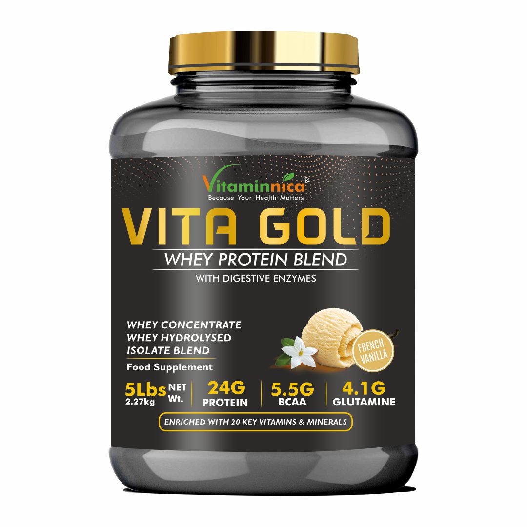 Vitaminnica Vita Gold 100% Whey Protein Powder- 5 Lbs (75 Servings) | UK Formulation with Digestive Enzymes - Vitaminnica Healthcare