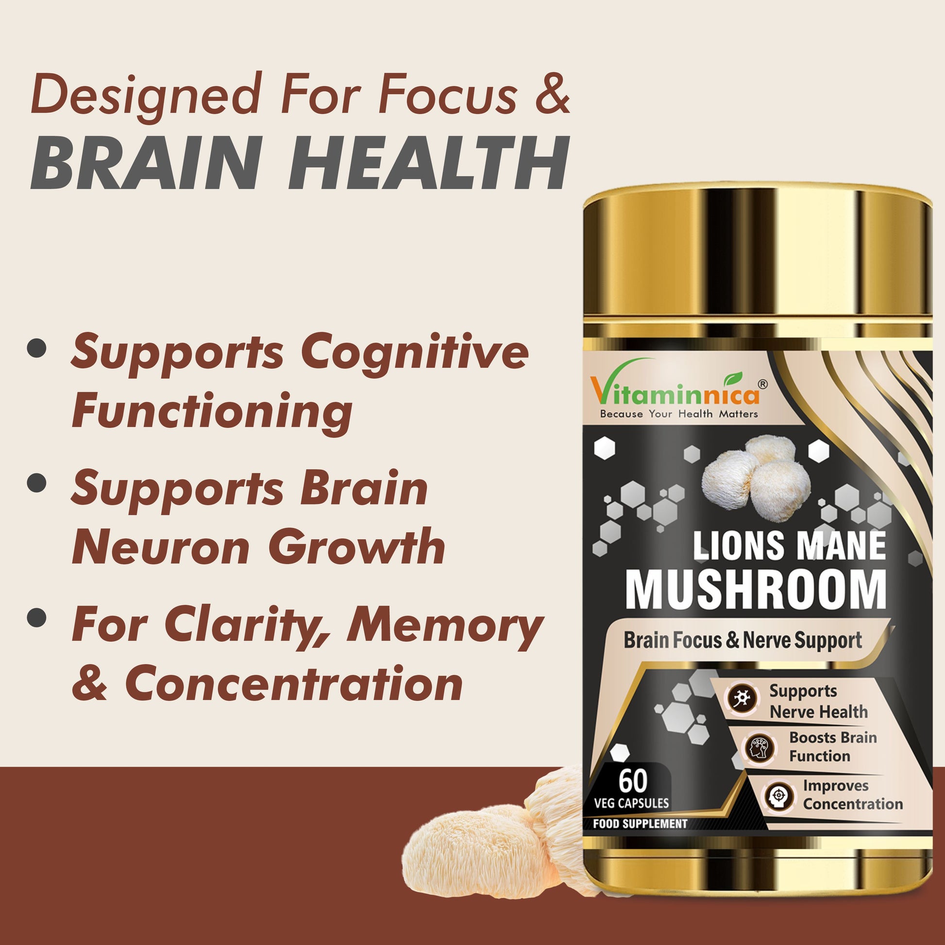 Vitaminnica Lion's Mane Mushroom- 60 Capsules - Vitaminnica Healthcare