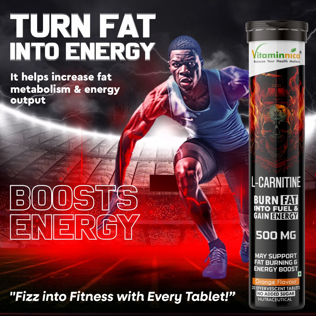 Vitaminnica L-Carnitine- 20 Effervescent Tablets Orange Flavour – Metabolism & Energy Support Supplement – Fat Metabolism, Reduced Fatigue & Workout Performance - Vitaminnica Healthcare