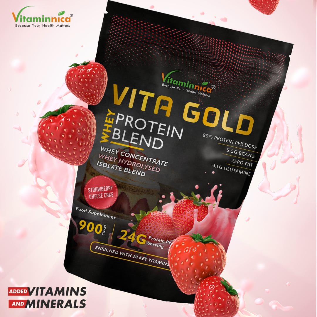 Vitaminnica Vita Gold Whey Protein Blend- Strawberry Cheese Cake Flavour | Whey Concentrate, Hydrolysed, Isolate Blend | 900gms - 30 Servings - Vitaminnica Healthcare