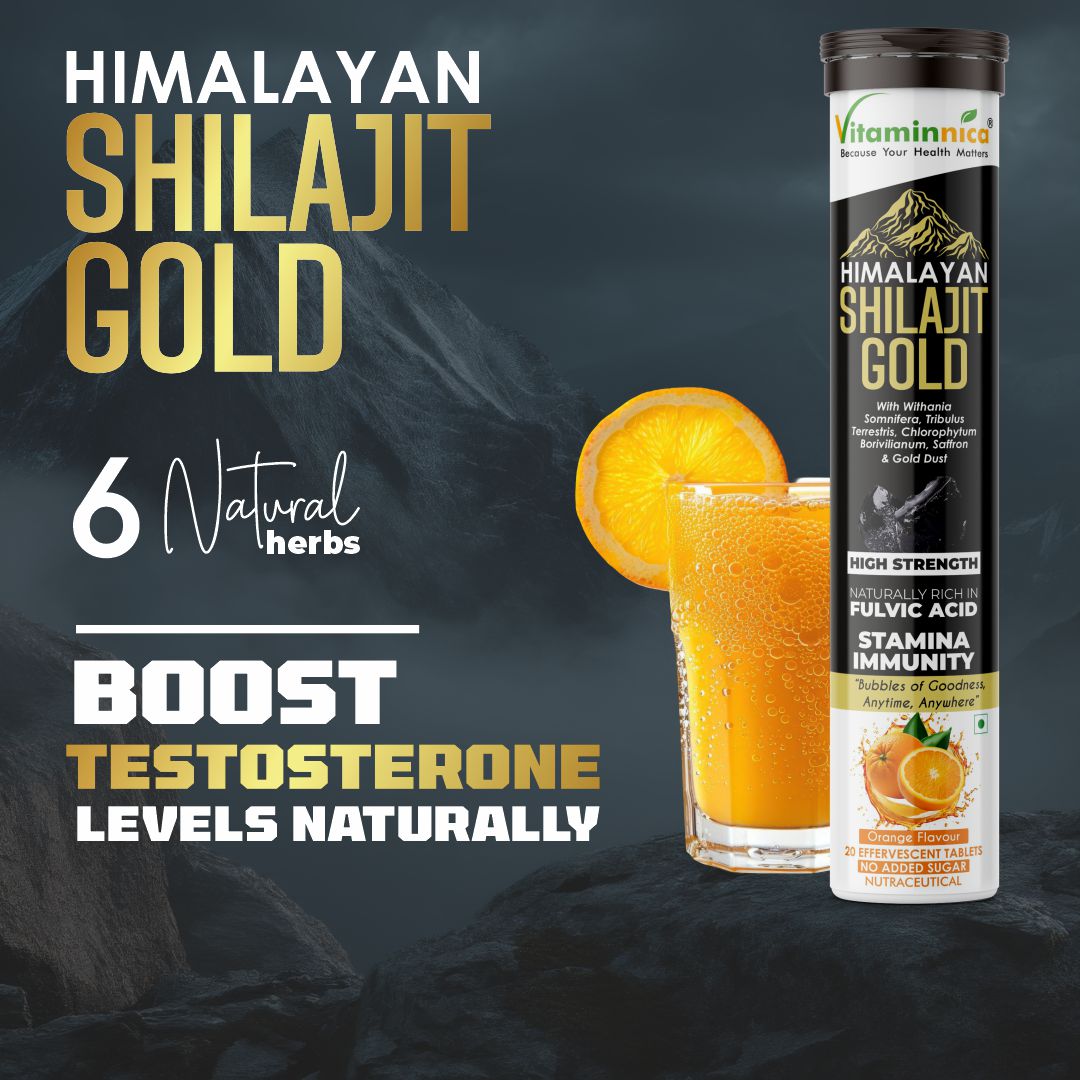 Vitaminnica Shilajit Gold- 20 Effervescent Tablets | Ashwagandha, Gokhru, Saffron & Swarna Bhasma (Gold Dust) for Natural Vitality, Strength & Performance Booster - Vitaminnica Healthcare
