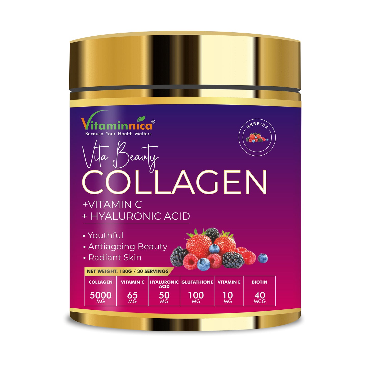 Vitaminnica Vita Beauty Collagen Powder- Mango Flavour | Supplement with Vitamin C, Hyaluronic Acid, Glutathione, Biotin 180g-30 servings - Vitaminnica Healthcare