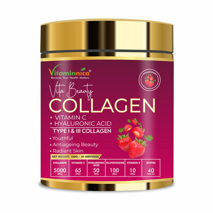 Vitaminnica Vita Beauty Collagen Powder (Type I & III) with Hyaluronic Acid, Glutathione, Vitamin C, Biotin & Vitamin E | For Glowing Skin & Anti-Aging - 30 servings - Vitaminnica Healthcare
