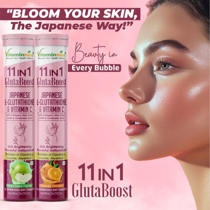 Vitaminnica Gluta Boost 11in1 Combo- Rejuvenates Skin, Hair & Nails- 15 Effervescent Tablets Each- Buy 1 Get 3 Free Offer - Vitaminnica Healthcare