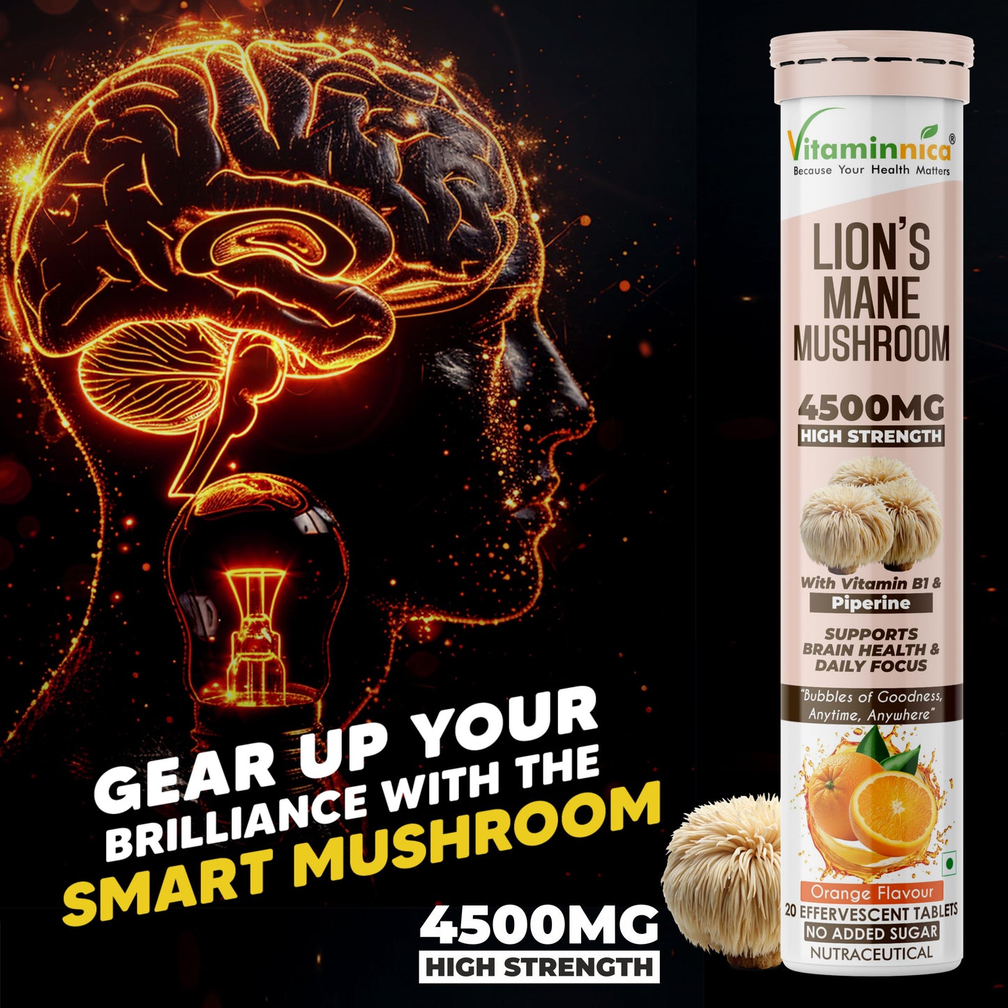 Vitaminnica Lion’s Mane Mushroom- 20 Effervescent Tablets | Brain Boost, Focus, Memory & Cognitive Support | Natural Nootropic Supplement | Mental Clarity, Nerve Health & Mood Enhancer | Vegan & Sugar-Free Tablets - Vitaminnica Healthcare