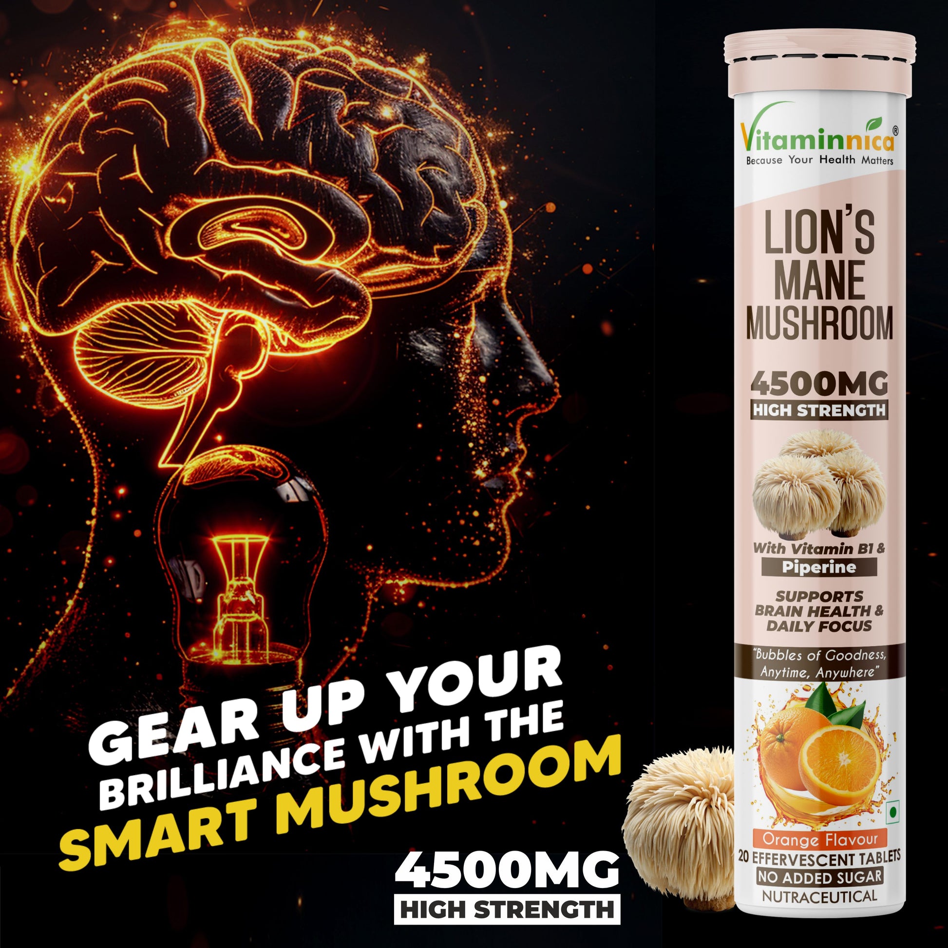 Vitaminnica Lion’s Mane Mushroom- 20 Effervescent Tablets | Brain Boost, Focus, Memory & Cognitive Support | Natural Nootropic Supplement | Mental Clarity, Nerve Health & Mood Enhancer | Vegan & Sugar-Free Tablets - Vitaminnica Healthcare