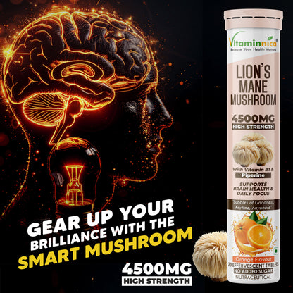 Vitaminnica Lion’s Mane Mushroom- 20 Effervescent Tablets | Brain Boost, Focus, Memory & Cognitive Support | Natural Nootropic Supplement | Mental Clarity, Nerve Health & Mood Enhancer | Vegan & Sugar-Free Tablets - Vitaminnica Healthcare