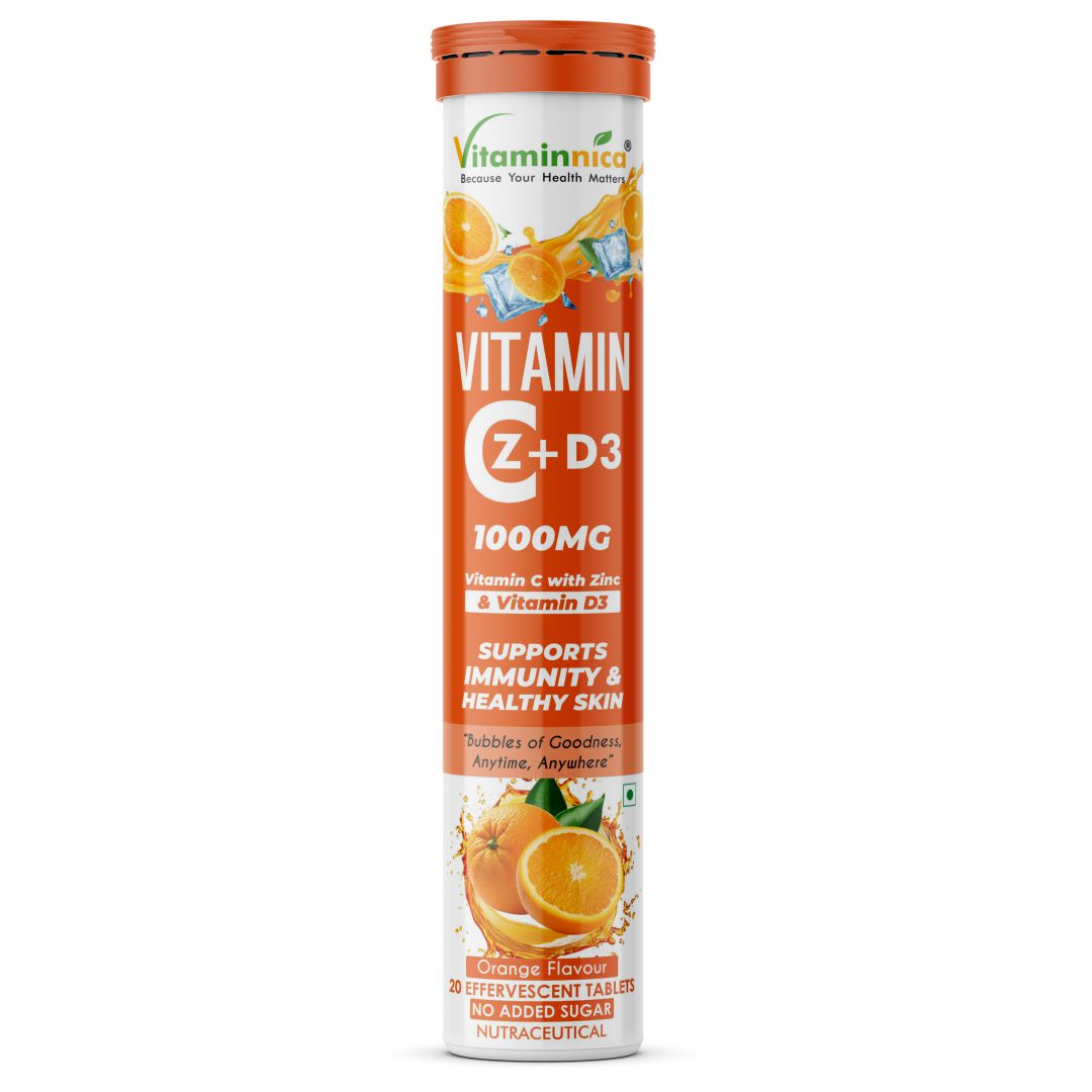 Vitaminnica Vitamin C + Zinc + D3- 20 Effervescent Tablets – High-Strength Vitamin C Drink for Immunity, Hydration, and Recovery | Sugar-Free, Orange Flavour - Vitaminnica Healthcare