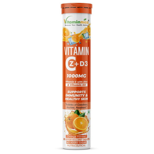 Vitaminnica Vitamin C + Zinc + D3- 20 Effervescent Tablets – High-Strength Vitamin C Drink for Immunity, Hydration, and Recovery | Sugar-Free, Orange Flavour - Vitaminnica Healthcare
