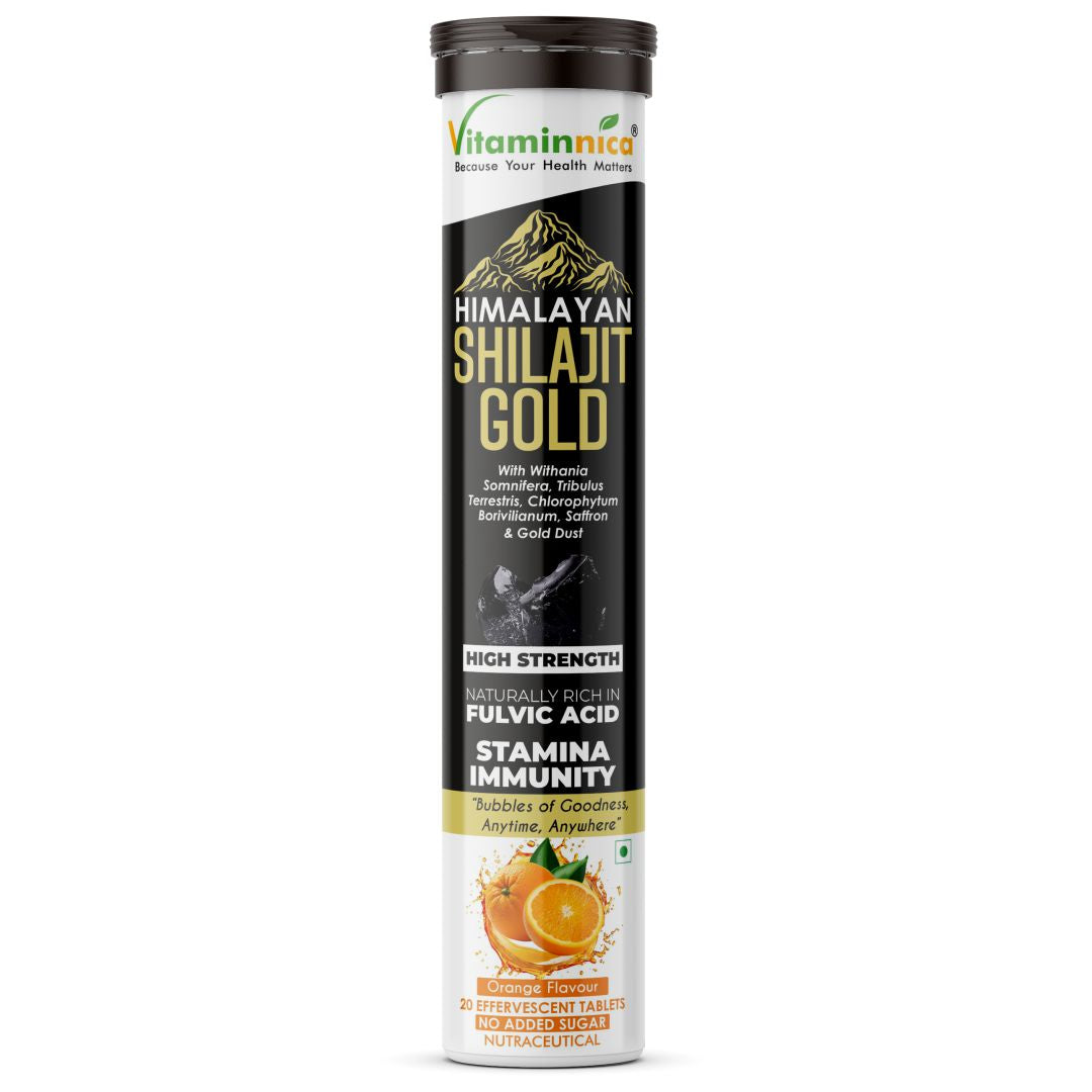 Vitaminnica Shilajit Gold- 20 Effervescent Tablets | Ashwagandha, Gokhru, Saffron & Swarna Bhasma (Gold Dust) for Natural Vitality, Strength & Performance Booster - Vitaminnica Healthcare