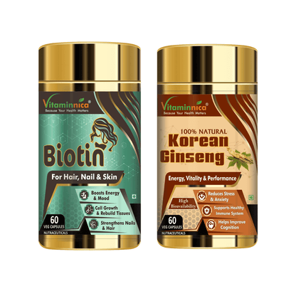 Biotin + Korean Ginseng Combo: Energy and Stamina Boost - 120 Capsules - vitaminnicahealthcare