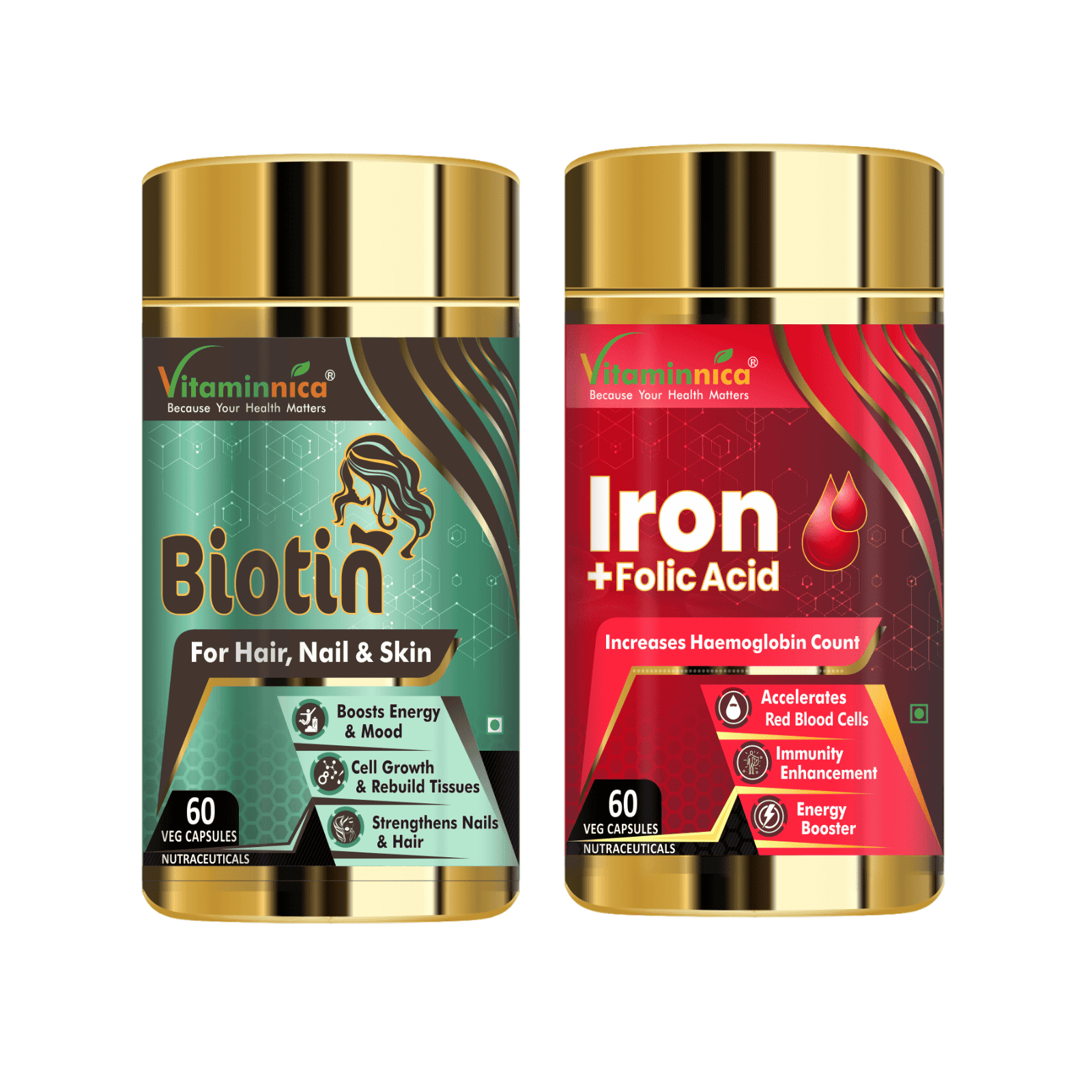 Biotin + Iron+Folic Acid Combo: Nutritional Support for Energy - 120 Capsules - vitaminnicahealthcare
