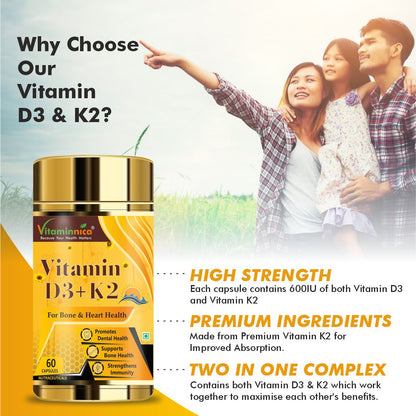 Vitaminnica Vitamin D3+K2 - Improves Dental, Bone Health & Immunity - 60 Capsules - Vitaminnica Healthcare