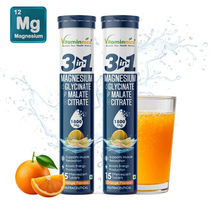 Vitaminnica Magnesium 3-in-1- 15 Effervescent Tablets | Malate, Glycinate & Citrate for Muscle Health, Relaxation and Stress - Vitaminnica Healthcare