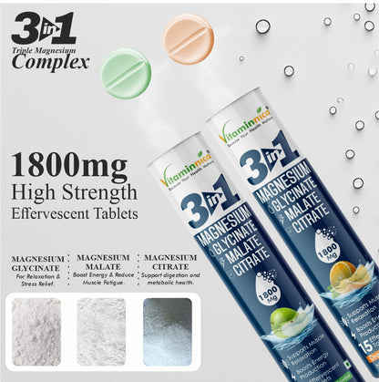 Vitaminnica Magnesium 3-in-1- 15 Effervescent Tablets | Malate, Glycinate & Citrate for Muscle Health, Relaxation and Stress - Vitaminnica Healthcare