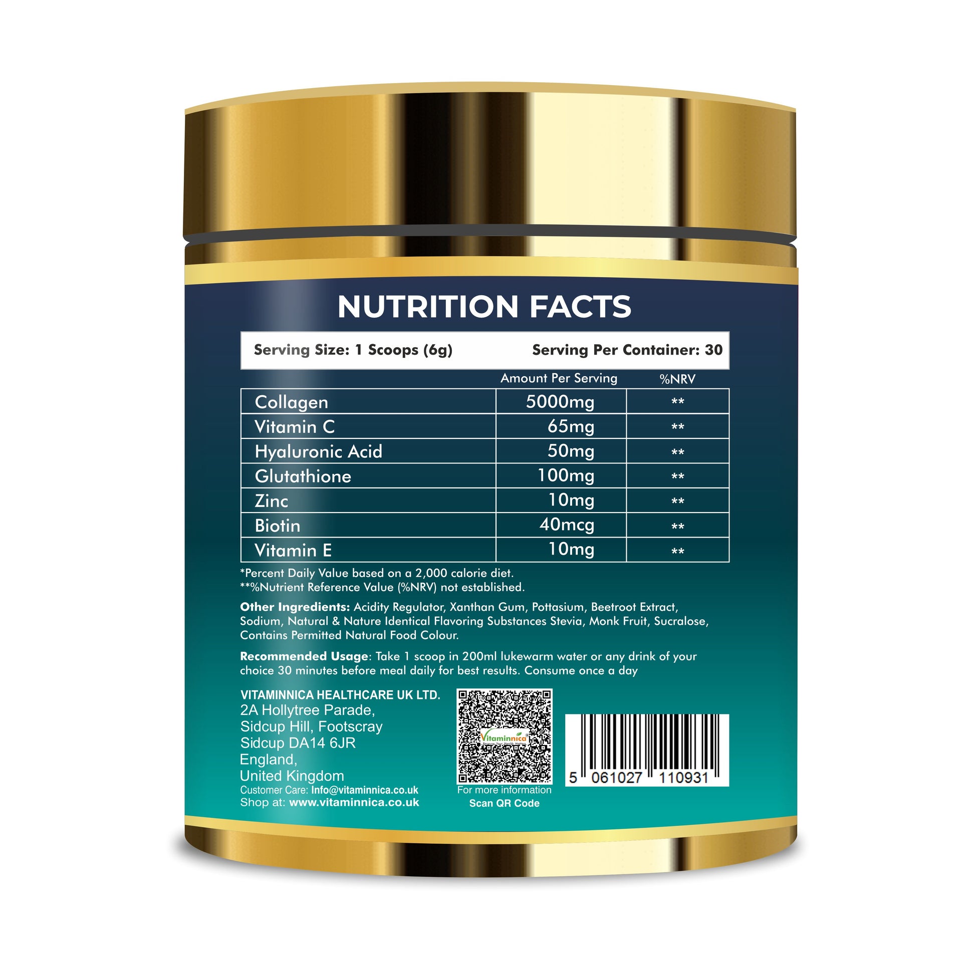 Vitaminnica Vita Beauty Collagen Powder- Mango Flavour | Supplement with Vitamin C, Hyaluronic Acid, Glutathione, Biotin 180g-30 servings - Vitaminnica Healthcare