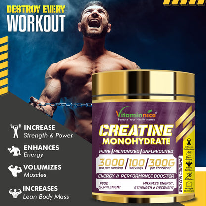 Vitaminnica Creatine Monohydrate- 300gms 100 servings - Vitaminnica Healthcare