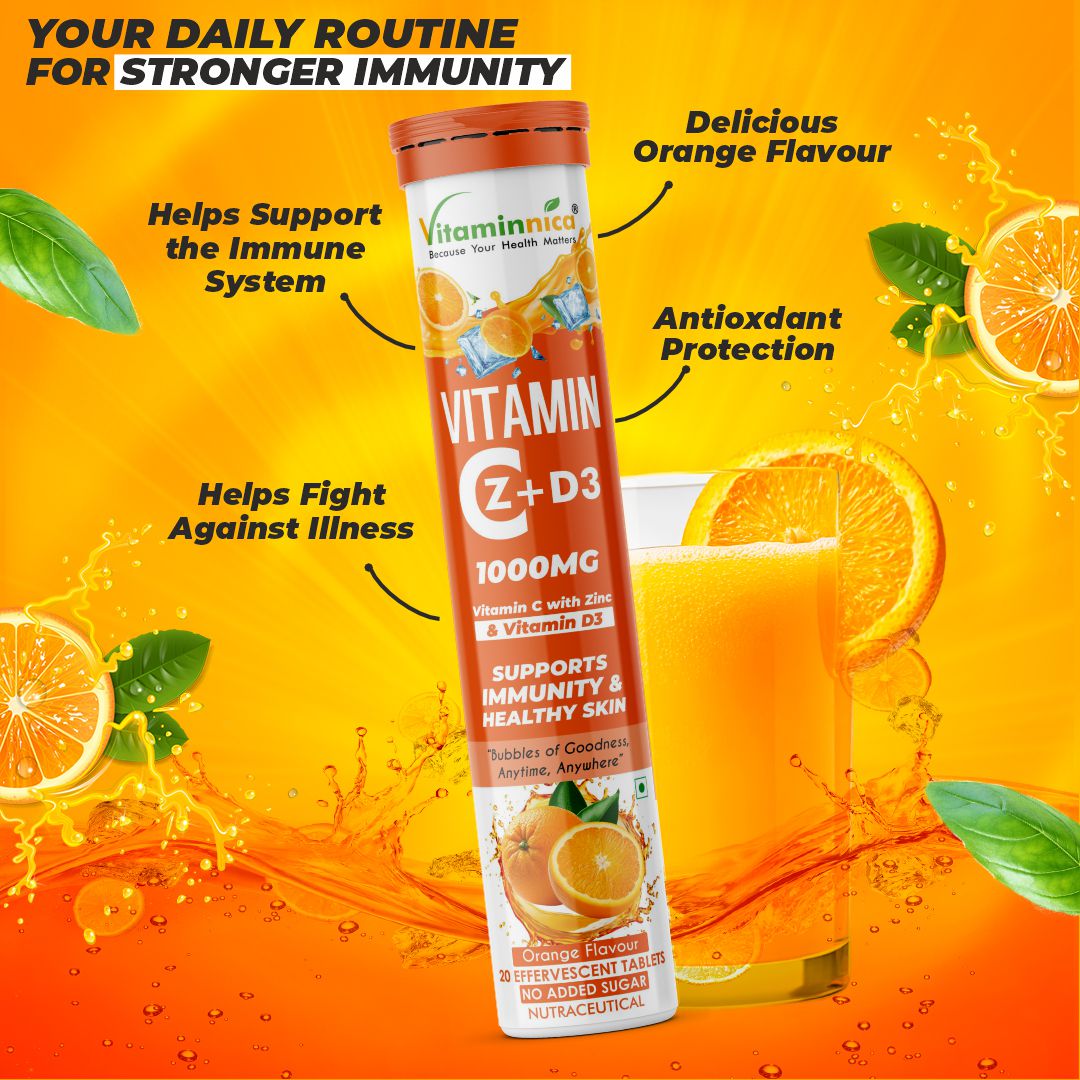 Vitaminnica Vitamin C + Zinc + D3- 20 Effervescent Tablets – High-Strength Vitamin C Drink for Immunity, Hydration, and Recovery | Sugar-Free, Orange Flavour - Vitaminnica Healthcare