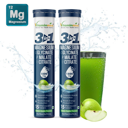 Vitaminnica Magnesium 3-in-1- 15 Effervescent Tablets | Malate, Glycinate & Citrate for Muscle Health, Relaxation and Stress - Vitaminnica Healthcare