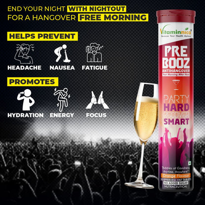 Vitaminnica Pre Booz- Hangover Relief Drink- 20 Effervescent Tablets– Pre & Post Party Recovery Supplement | With Vitamins, Minerals & Antioxidants | Helps Hydration, Liver Support, Energy & Detox - Vitaminnica Healthcare