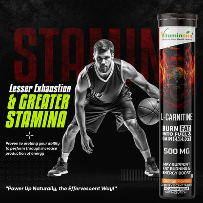 Vitaminnica L-Carnitine- 20 Effervescent Tablets Orange Flavour – Metabolism & Energy Support Supplement – Fat Metabolism, Reduced Fatigue & Workout Performance - Vitaminnica Healthcare