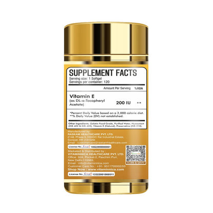 Vitaminnica Vitamin E- 120 Softgels – Antioxidant Supplement for Healthy Skin, Hair & Immunity – Supports Glowing Skin, Stronger Hair, and Cellular Protection - Vitaminnica Healthcare
