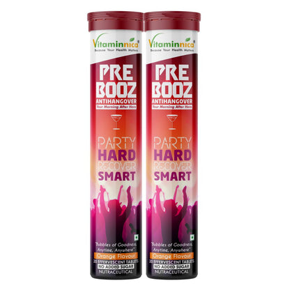 Vitaminnica Pre Booz- Hangover Relief Drink- 20 Effervescent Tablets– Pre & Post Party Recovery Supplement | With Vitamins, Minerals & Antioxidants | Helps Hydration, Liver Support, Energy & Detox - Vitaminnica Healthcare