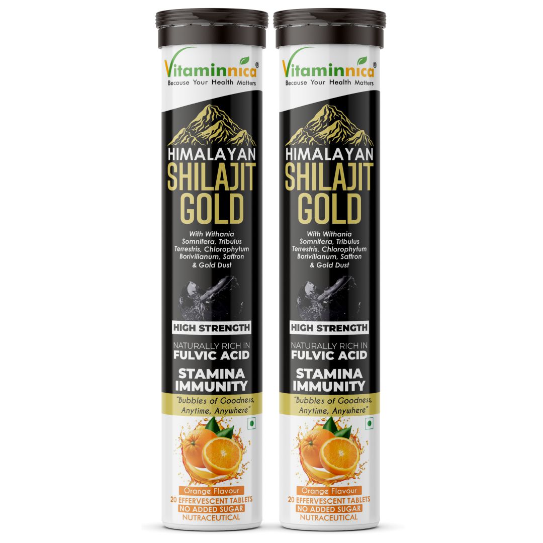 Vitaminnica Shilajit Gold- 20 Effervescent Tablets | Ashwagandha, Gokhru, Saffron & Swarna Bhasma (Gold Dust) for Natural Vitality, Strength & Performance Booster - Vitaminnica Healthcare