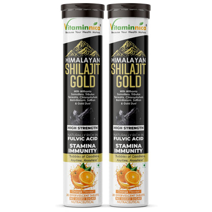 Vitaminnica Shilajit Gold- 20 Effervescent Tablets | Ashwagandha, Gokhru, Saffron & Swarna Bhasma (Gold Dust) for Natural Vitality, Strength & Performance Booster - Vitaminnica Healthcare