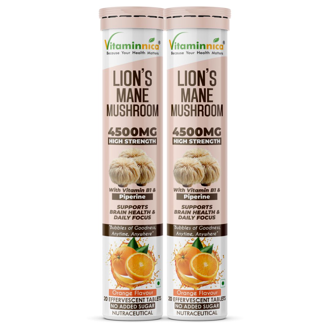 Vitaminnica Lion’s Mane Mushroom- 20 Effervescent Tablets | Brain Boost, Focus, Memory & Cognitive Support | Natural Nootropic Supplement | Mental Clarity, Nerve Health & Mood Enhancer | Vegan & Sugar-Free Tablets - Vitaminnica Healthcare