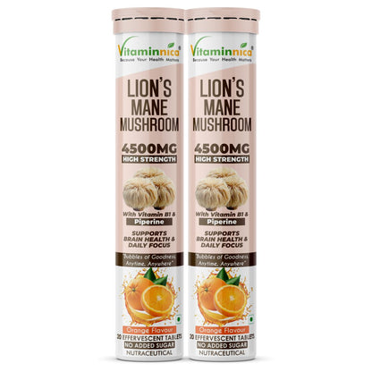 Vitaminnica Lion’s Mane Mushroom- 20 Effervescent Tablets | Brain Boost, Focus, Memory & Cognitive Support | Natural Nootropic Supplement | Mental Clarity, Nerve Health & Mood Enhancer | Vegan & Sugar-Free Tablets - Vitaminnica Healthcare