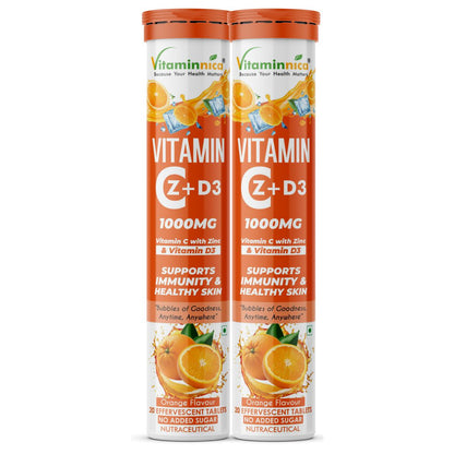 Vitaminnica Vitamin C + Zinc + D3- 20 Effervescent Tablets – High-Strength Vitamin C Drink for Immunity, Hydration, and Recovery | Sugar-Free, Orange Flavour - Vitaminnica Healthcare