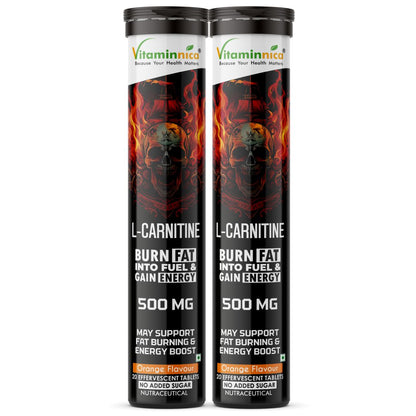 Vitaminnica L-Carnitine- 20 Effervescent Tablets Orange Flavour – Metabolism & Energy Support Supplement – Fat Metabolism, Reduced Fatigue & Workout Performance - Vitaminnica Healthcare