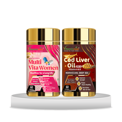 Multivita Women + COD Liver Oil Combo: Women's Health and Omega-3 Support - 120 Capsules - vitaminnicahealthcare
