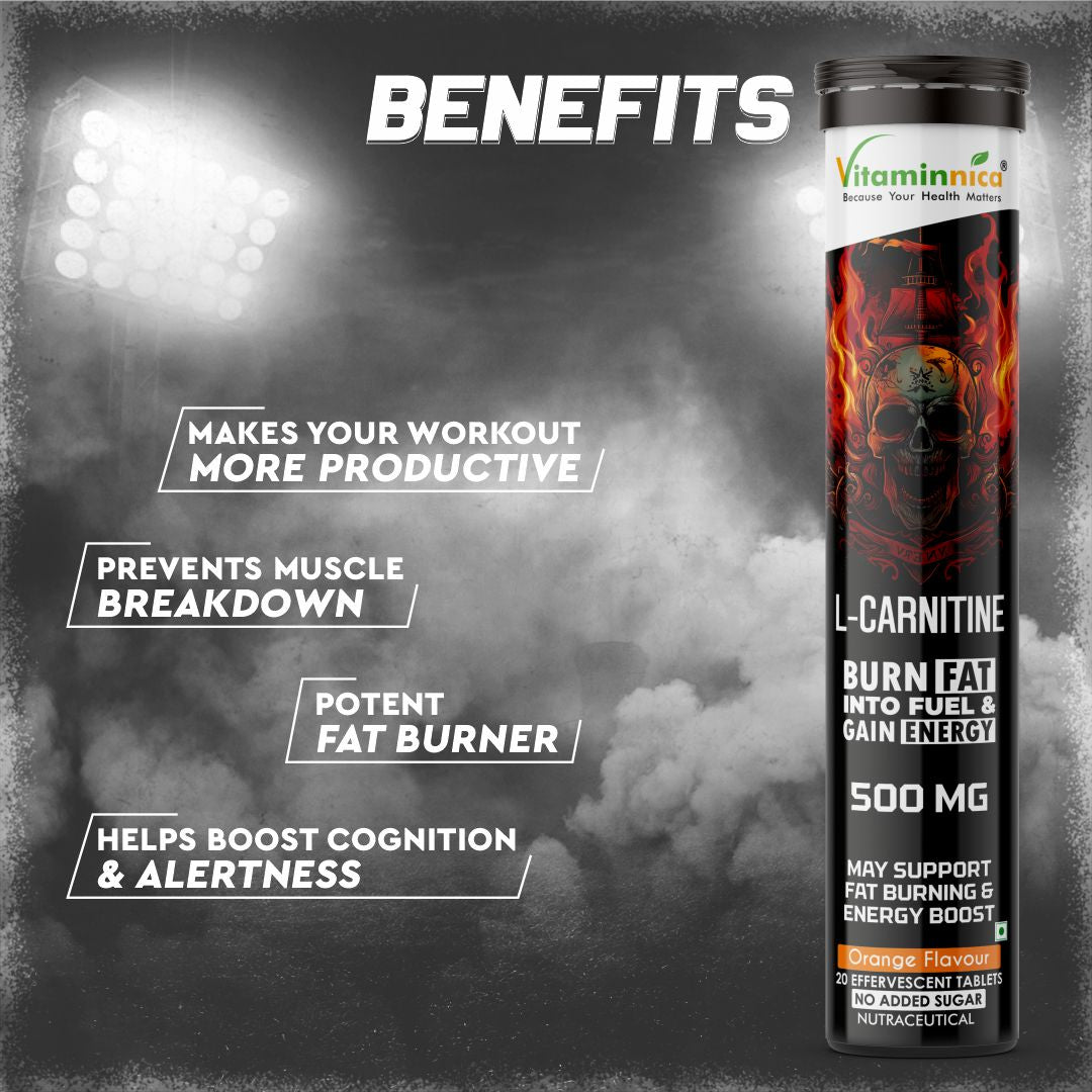 Vitaminnica L-Carnitine- 20 Effervescent Tablets Orange Flavour – Metabolism & Energy Support Supplement – Fat Metabolism, Reduced Fatigue & Workout Performance - Vitaminnica Healthcare