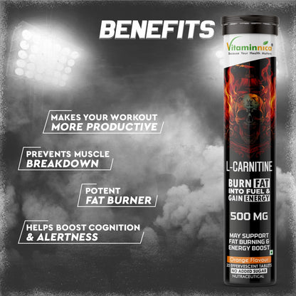 Vitaminnica L-Carnitine- 20 Effervescent Tablets Orange Flavour – Metabolism & Energy Support Supplement – Fat Metabolism, Reduced Fatigue & Workout Performance - Vitaminnica Healthcare