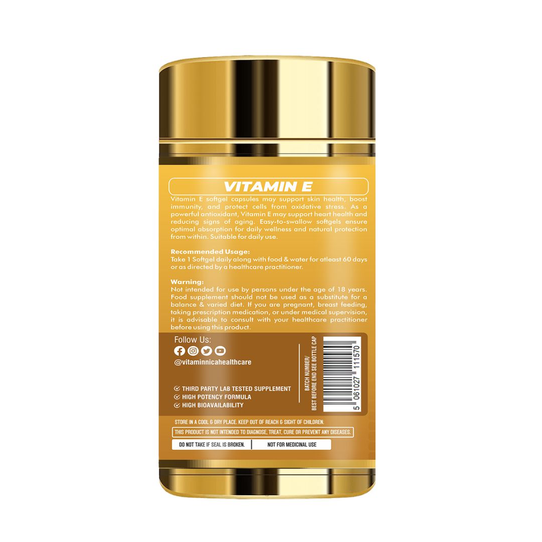 Vitaminnica Vitamin E- 120 Softgels – Antioxidant Supplement for Healthy Skin, Hair & Immunity – Supports Glowing Skin, Stronger Hair, and Cellular Protection - Vitaminnica Healthcare